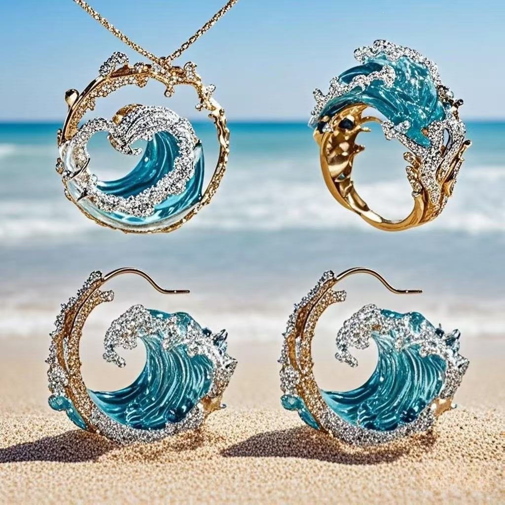 亚马逊热卖款浪花项链套装创意新款轻奢海浪造造型戒指耳环百搭